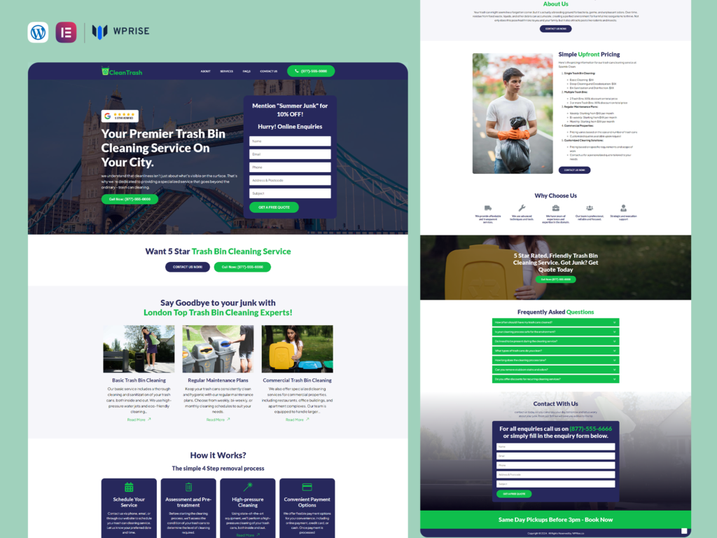 CleanTrash - Trash Bin Cleaning Landing Page for Lead Generation - WPRise