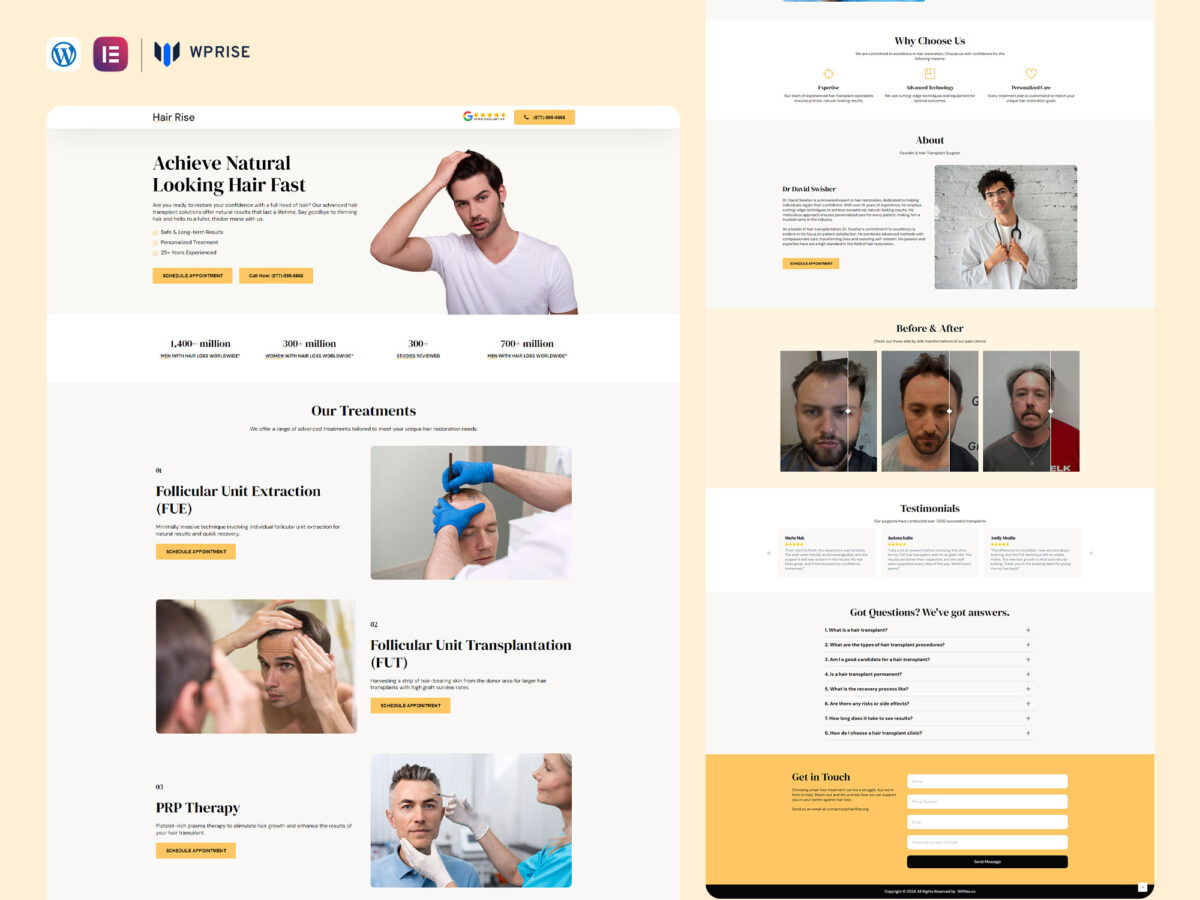 HairRise - Hair Transplant Landing Page Template