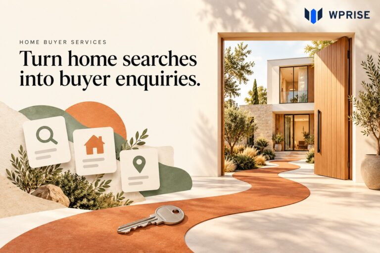 A path from home search symbols through an open doorway toward a modern house.