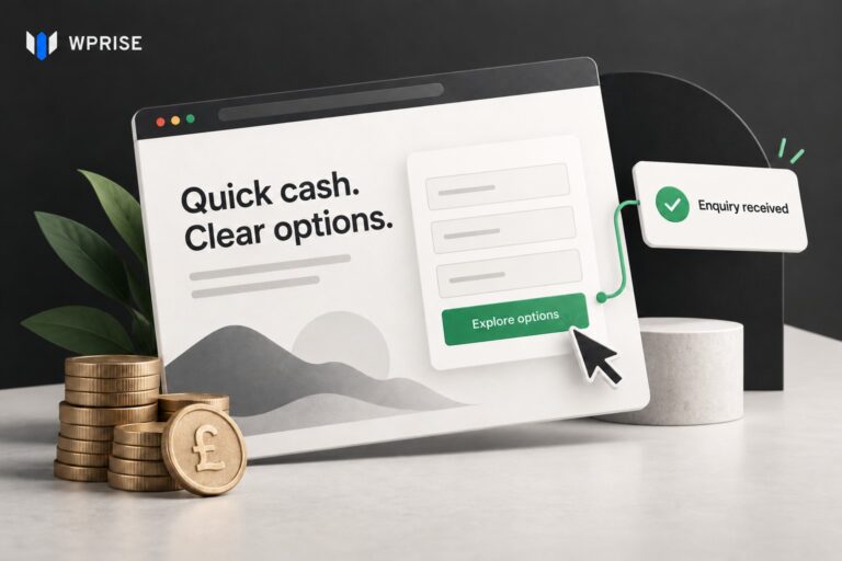 Loan landing page illustration with an enquiry form, coins and confirmation card, featuring the WPRise logo in white and blue.